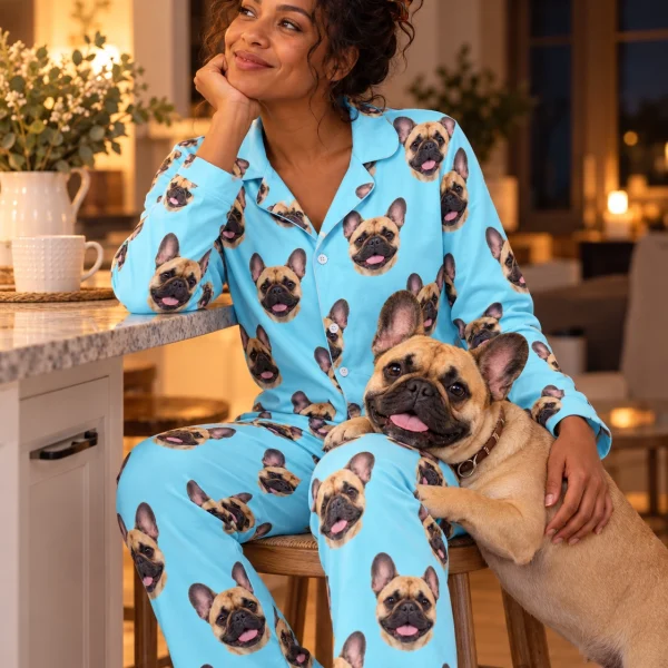 Woman in a frenchie pajamas for humans with her French Bulldog — MyDogPics