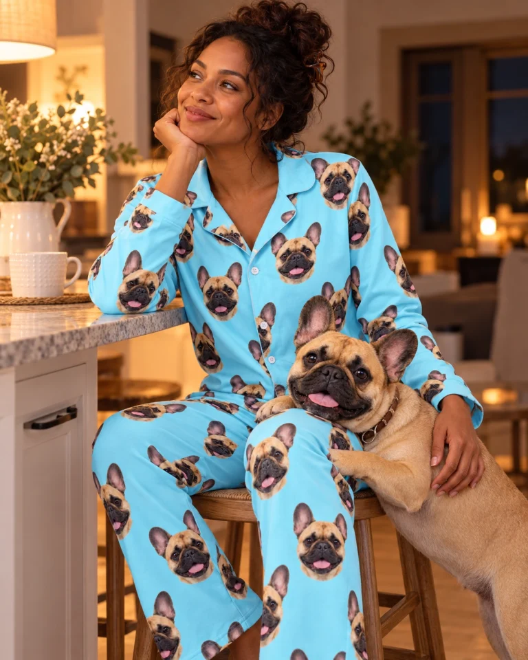 Woman in a frenchie pajamas for humans with her French Bulldog — MyDogPics