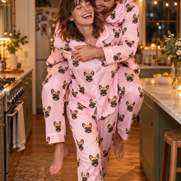 Woman and her partner in matching frenchie pajamas for women with fawn French Bulldog faces on blush pink satin — MyDogPics