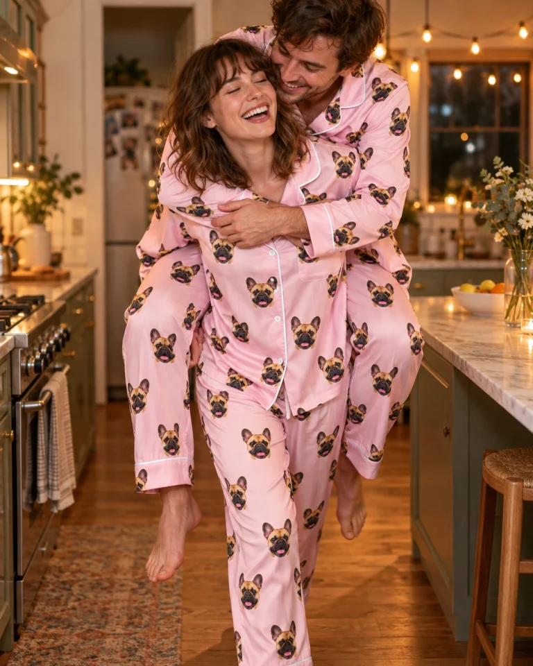 Woman and her partner in matching frenchie pajamas for women with fawn French Bulldog faces on blush pink satin — MyDogPics