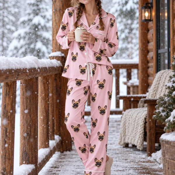 Woman posing in a frenchie pajamas for women, fawn French Bulldog faces on blush pink satin — MyDogPics