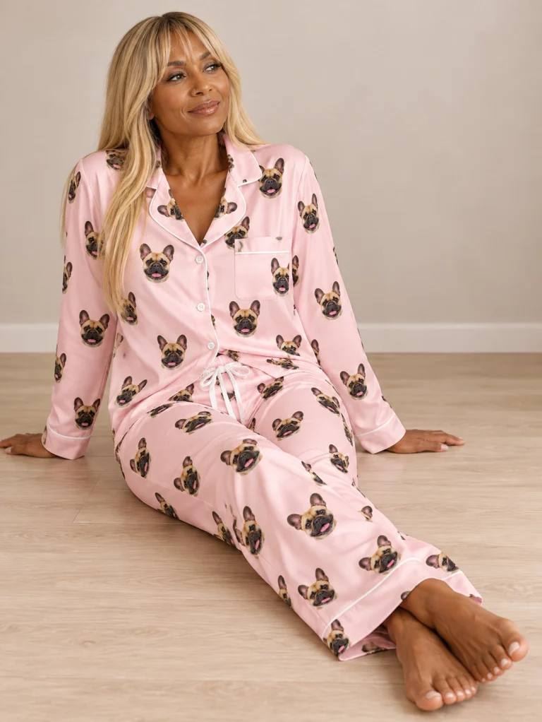 Woman sitting in a frenchie pajamas for women covered in fawn French Bulldog faces — MyDogPics
