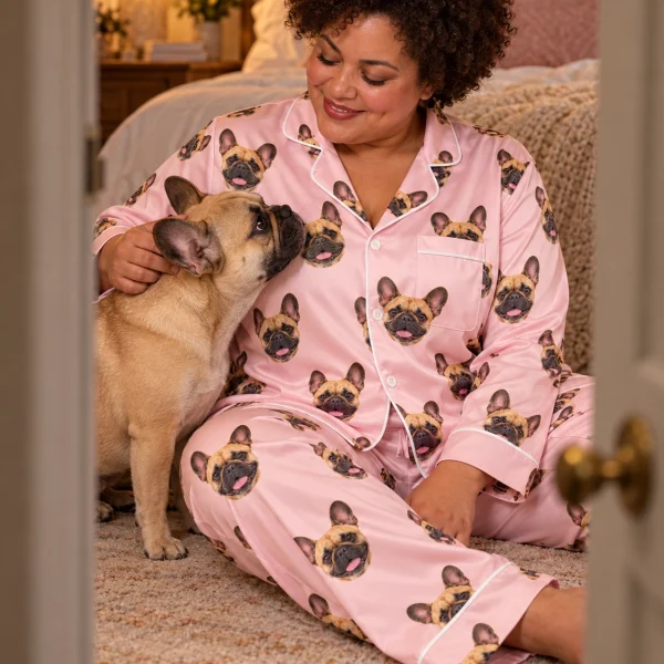 Woman in a frenchie pajamas for women with her French Bulldog — MyDogPics
