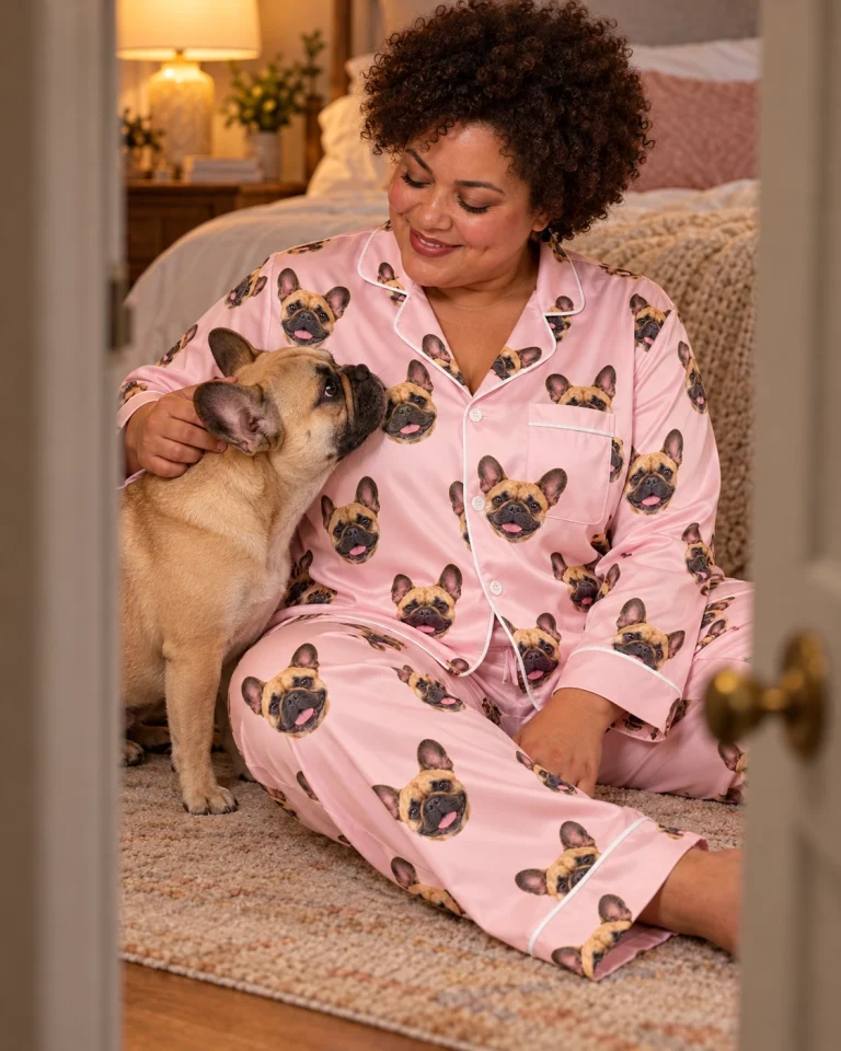 Woman in a frenchie pajamas for women with her French Bulldog — MyDogPics