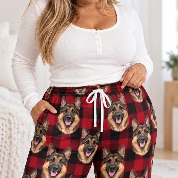 Close-up of the German shepherd Christmas pajama pants print with black-and-tan German Shepherd faces — MyDogPics