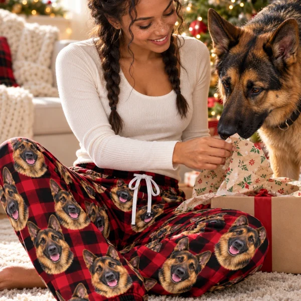 Woman in German shepherd Christmas pajama pants with her German Shepherd — MyDogPics