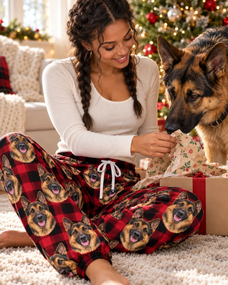 Woman in German shepherd Christmas pajama pants with her German Shepherd — MyDogPics