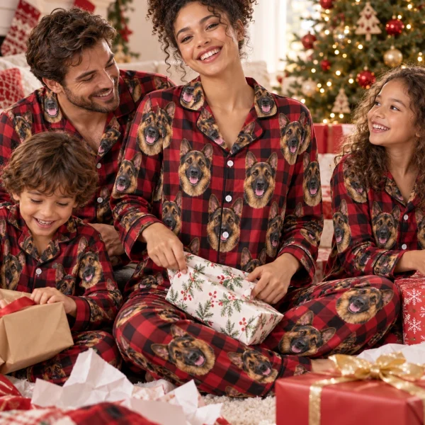 Woman and her family in matching German shepherd Christmas pajamas with black-and-tan German Shepherd faces — MyDogPics