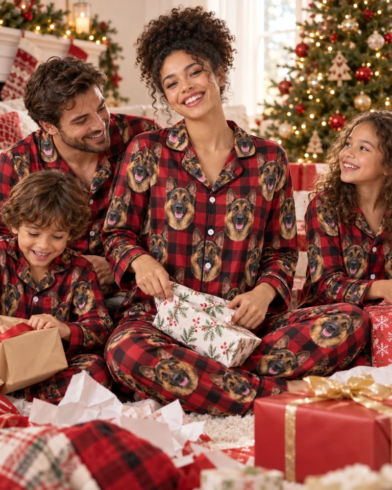 Woman and her family in matching German shepherd Christmas pajamas with black-and-tan German Shepherd faces — MyDogPics