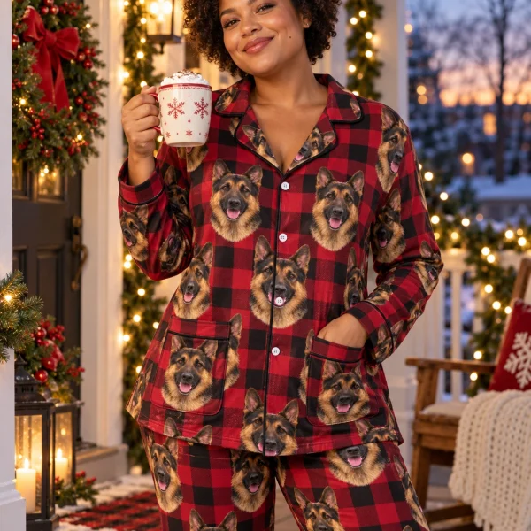 Woman posing in German shepherd Christmas pajamas, black-and-tan German Shepherd faces on red plaid fabric — MyDogPics