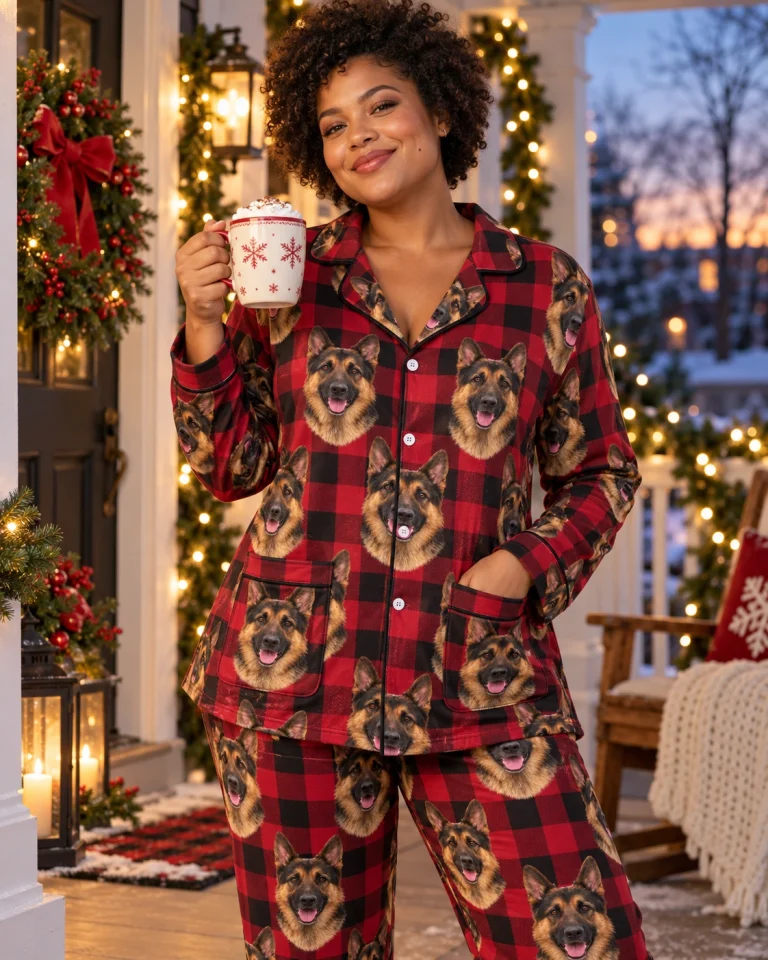 Woman posing in German shepherd Christmas pajamas, black-and-tan German Shepherd faces on red plaid fabric — MyDogPics