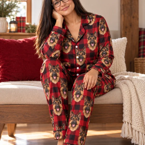 Side view of German shepherd Christmas pajamas with black-and-tan German Shepherd faces on red plaid fabric — MyDogPics