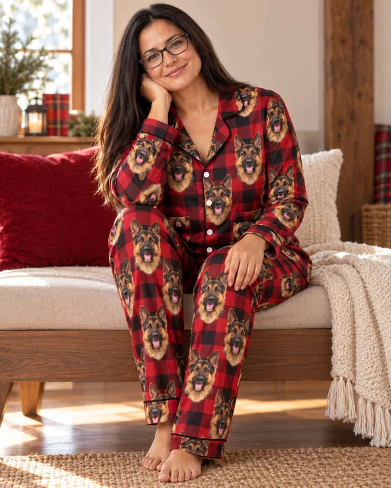 Side view of German shepherd Christmas pajamas with black-and-tan German Shepherd faces on red plaid fabric — MyDogPics