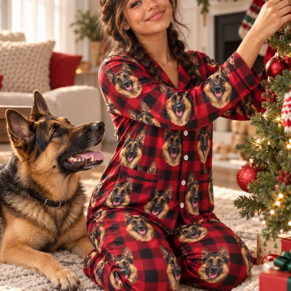 Woman in German shepherd Christmas pajamas with her German Shepherd — MyDogPics