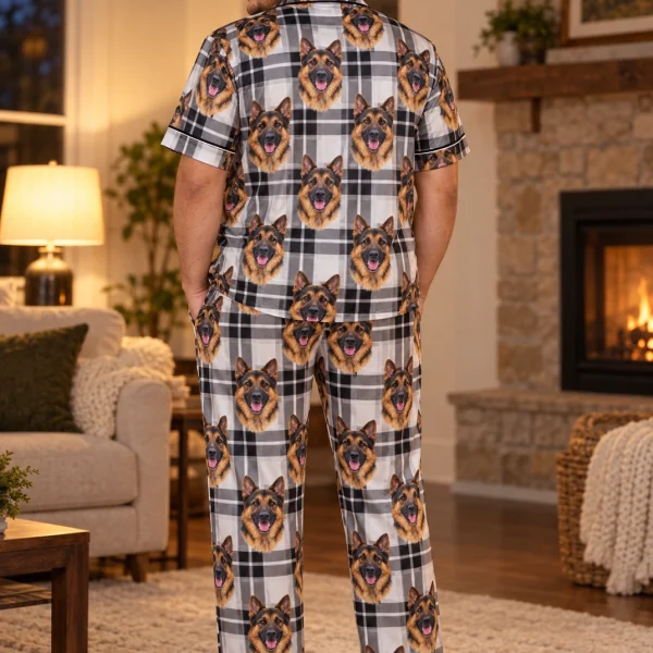 Back view of German shepherd dad pajamas: the print continues all the way round — MyDogPics