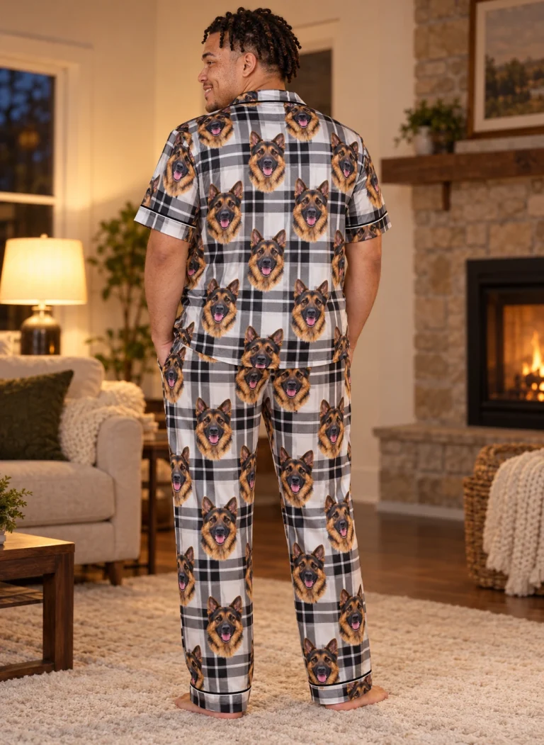 Back view of German shepherd dad pajamas: the print continues all the way round — MyDogPics