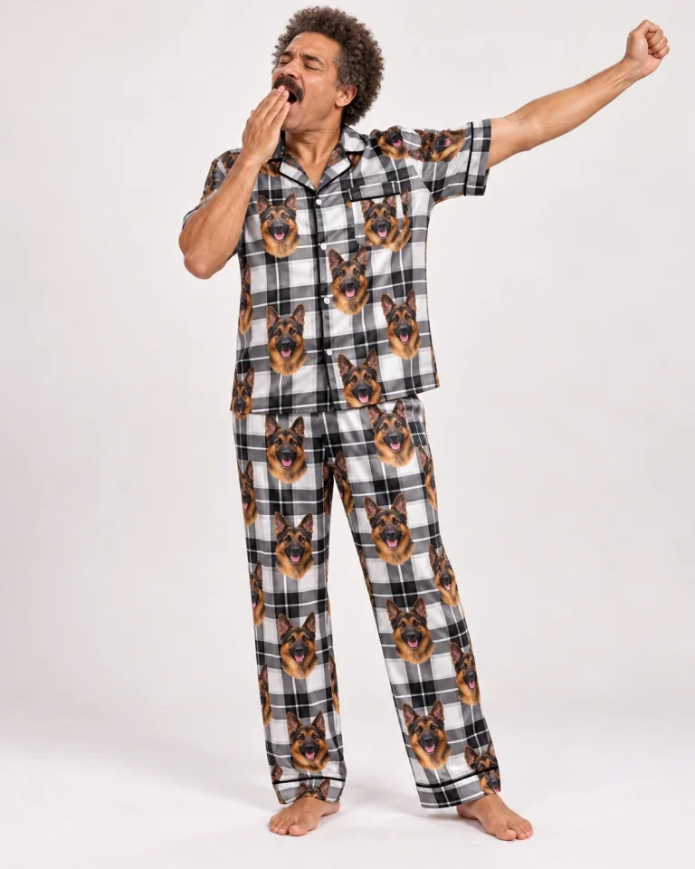 Back view of German shepherd dad pajamas: the print continues all the way round — MyDogPics