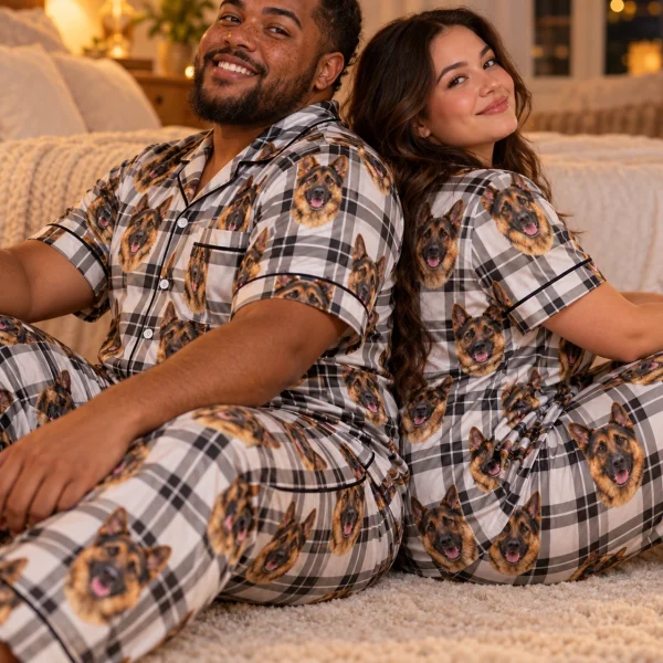 Man and his partner in matching German shepherd dad pajamas with black-and-tan German Shepherd faces — MyDogPics