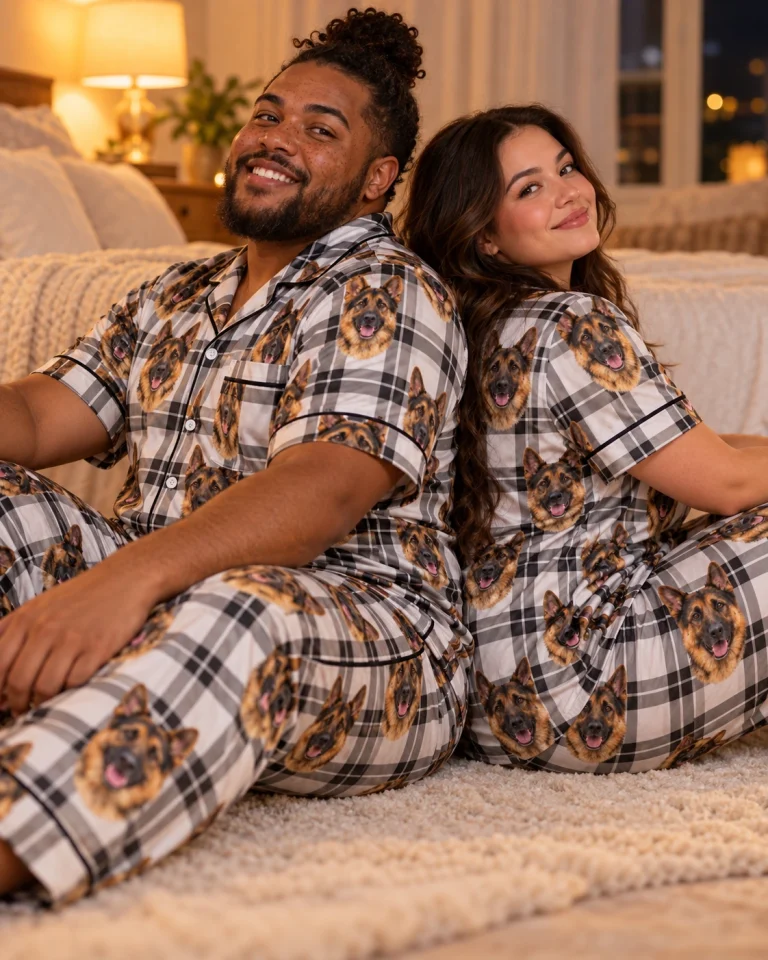 Man and his partner in matching German shepherd dad pajamas with black-and-tan German Shepherd faces — MyDogPics