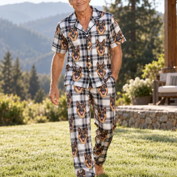 Flat lay of German shepherd dad pajamas: shirt and pants covered in black-and-tan German Shepherd faces — MyDogPics