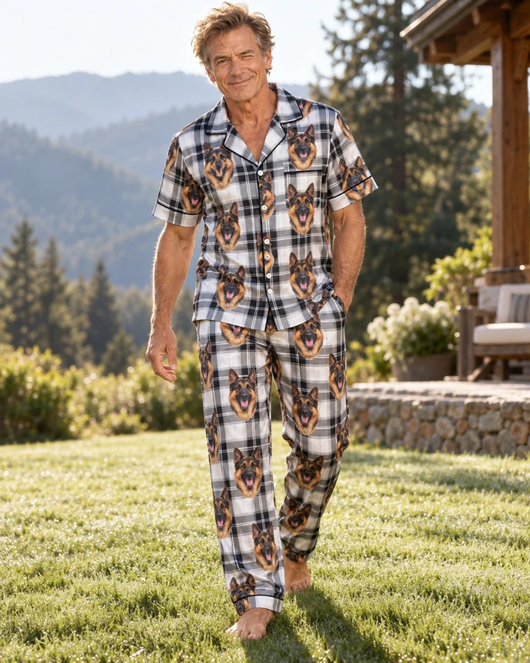 Flat lay of German shepherd dad pajamas: shirt and pants covered in black-and-tan German Shepherd faces — MyDogPics