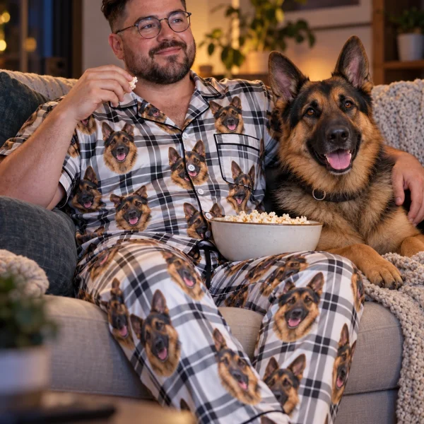 Man in German shepherd dad pajamas with his German Shepherd — MyDogPics