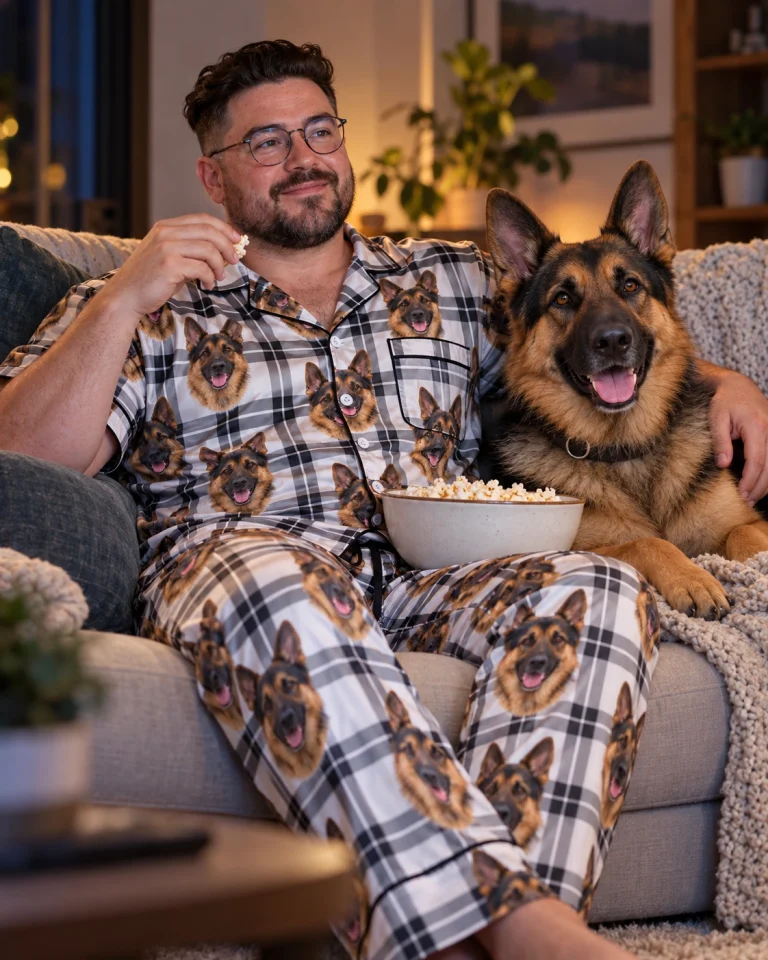 Man in German shepherd dad pajamas with his German Shepherd — MyDogPics