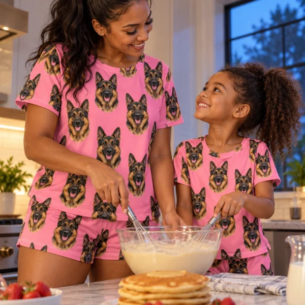 Woman and her partner in matching German shepherd lounge set with black-and-tan German Shepherd faces — MyDogPics