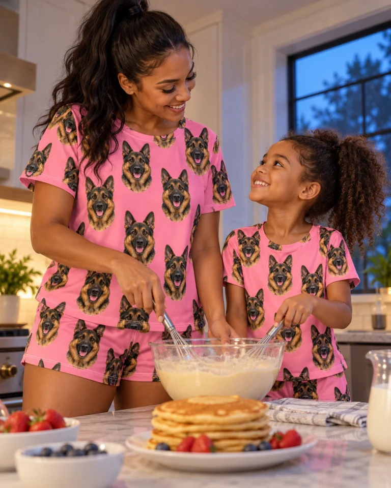 Woman and her partner in matching German shepherd lounge set with black-and-tan German Shepherd faces — MyDogPics