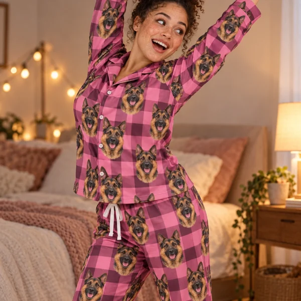 Close-up of the German shepherd mom pajamas print: black-and-tan German Shepherd faces on pink plaid fabric — MyDogPics