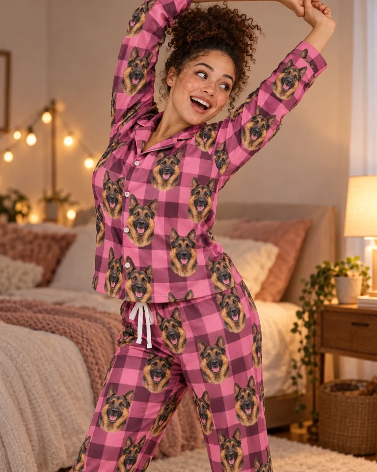 Close-up of the German shepherd mom pajamas print: black-and-tan German Shepherd faces on pink plaid fabric — MyDogPics