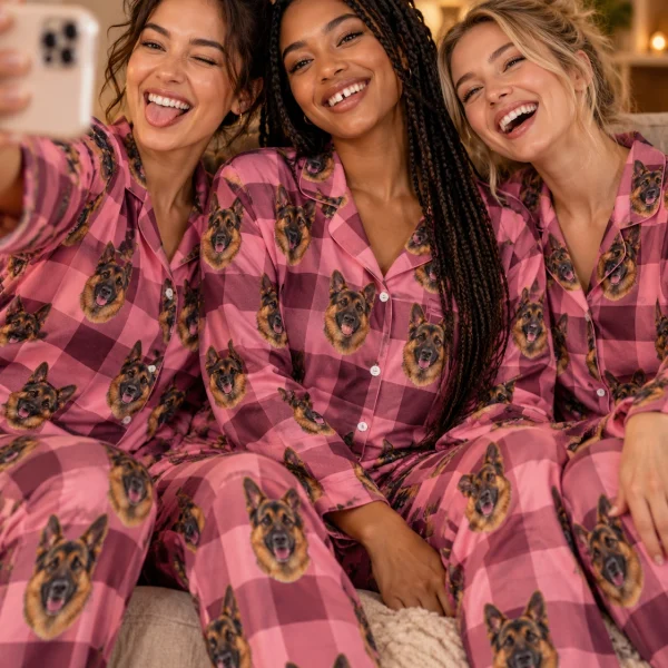 Woman and her partner in matching German shepherd mom pajamas with black-and-tan German Shepherd faces — MyDogPics