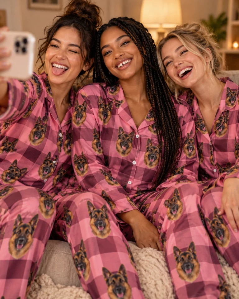 Woman and her partner in matching German shepherd mom pajamas with black-and-tan German Shepherd faces — MyDogPics