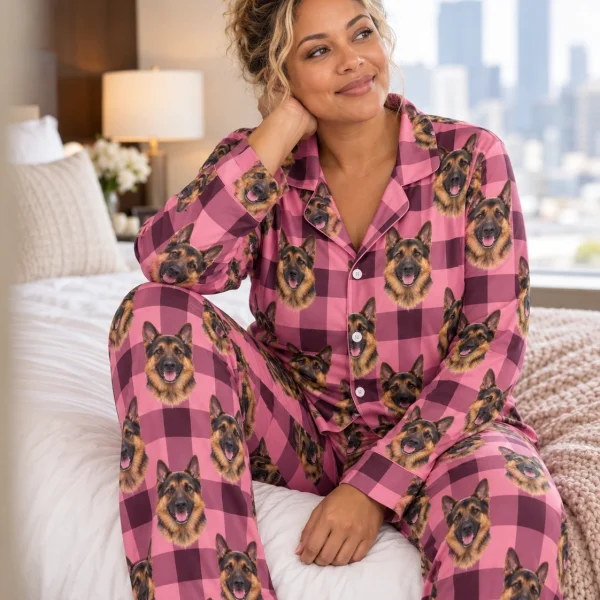 Woman posing in German shepherd mom pajamas, black-and-tan German Shepherd faces on pink plaid fabric — MyDogPics