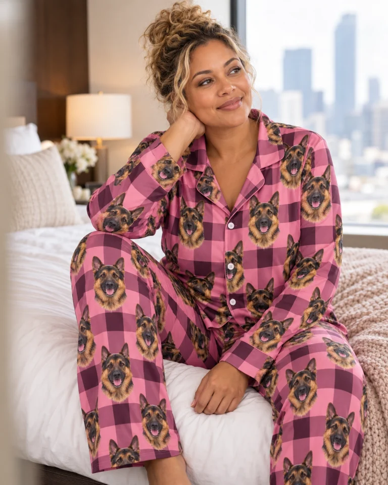 Woman posing in German shepherd mom pajamas, black-and-tan German Shepherd faces on pink plaid fabric — MyDogPics