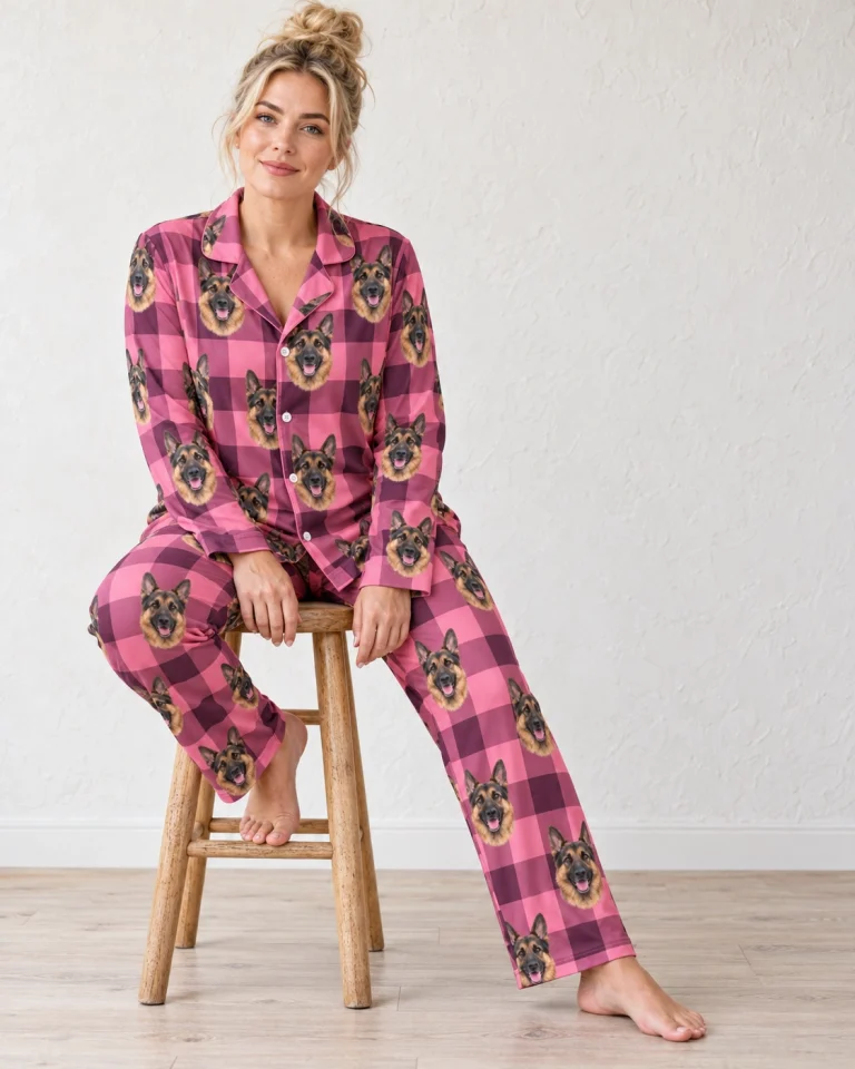 Woman sitting in German shepherd mom pajamas covered in black-and-tan German Shepherd faces — MyDogPics