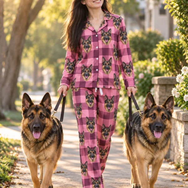 Woman in German shepherd mom pajamas with her German Shepherd — MyDogPics
