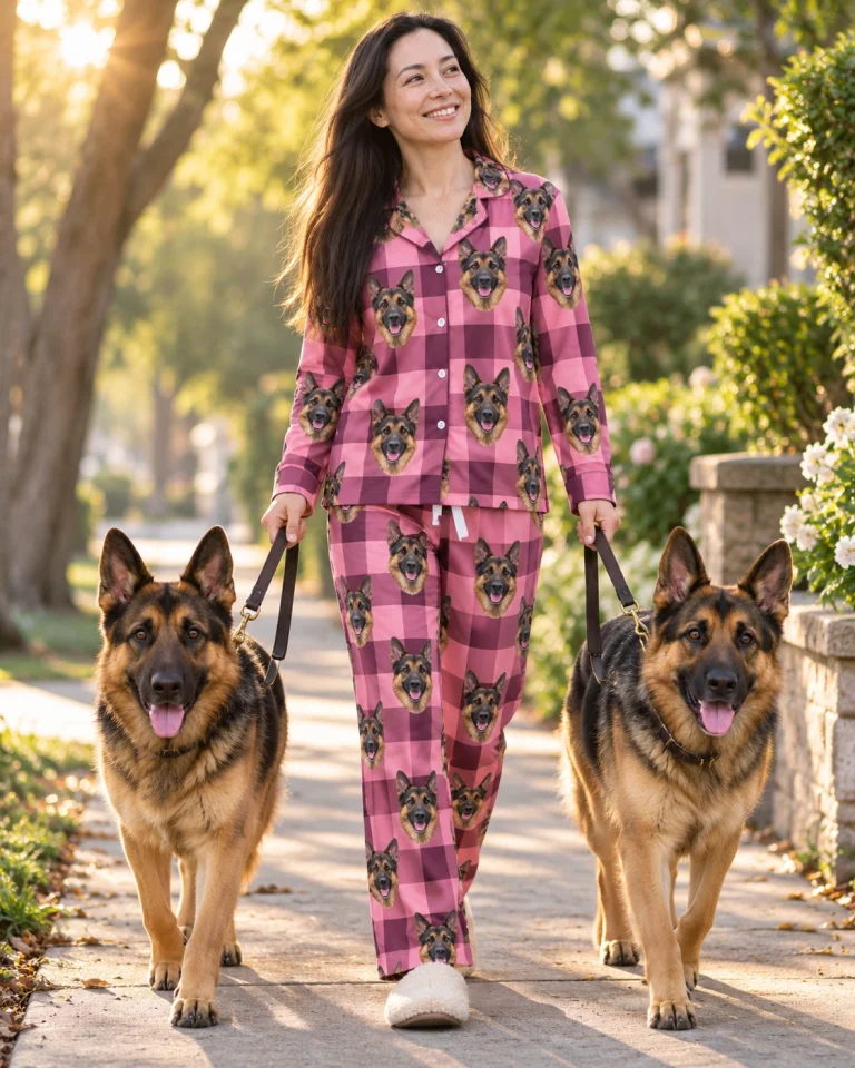 Woman in German shepherd mom pajamas with her German Shepherd — MyDogPics