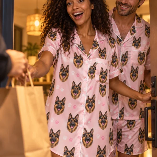 Woman and her partner in matching German shepherd nightgown with black-and-tan German Shepherd faces — MyDogPics