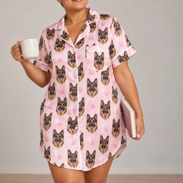 Woman posing in a German shepherd nightgown, black-and-tan German Shepherd faces on blush pink paw-print satin — MyDogPics