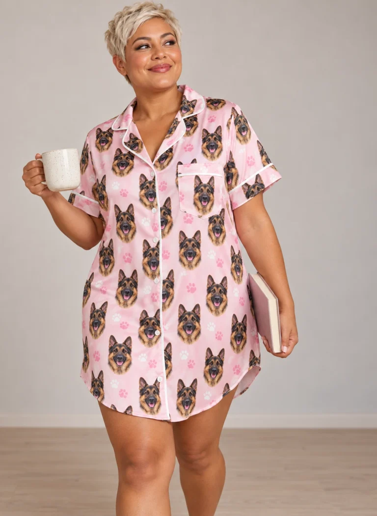 Woman posing in a German shepherd nightgown, black-and-tan German Shepherd faces on blush pink paw-print satin — MyDogPics