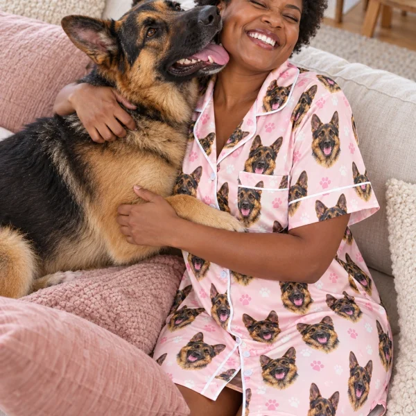 Woman in a German shepherd nightgown with her German Shepherd — MyDogPics