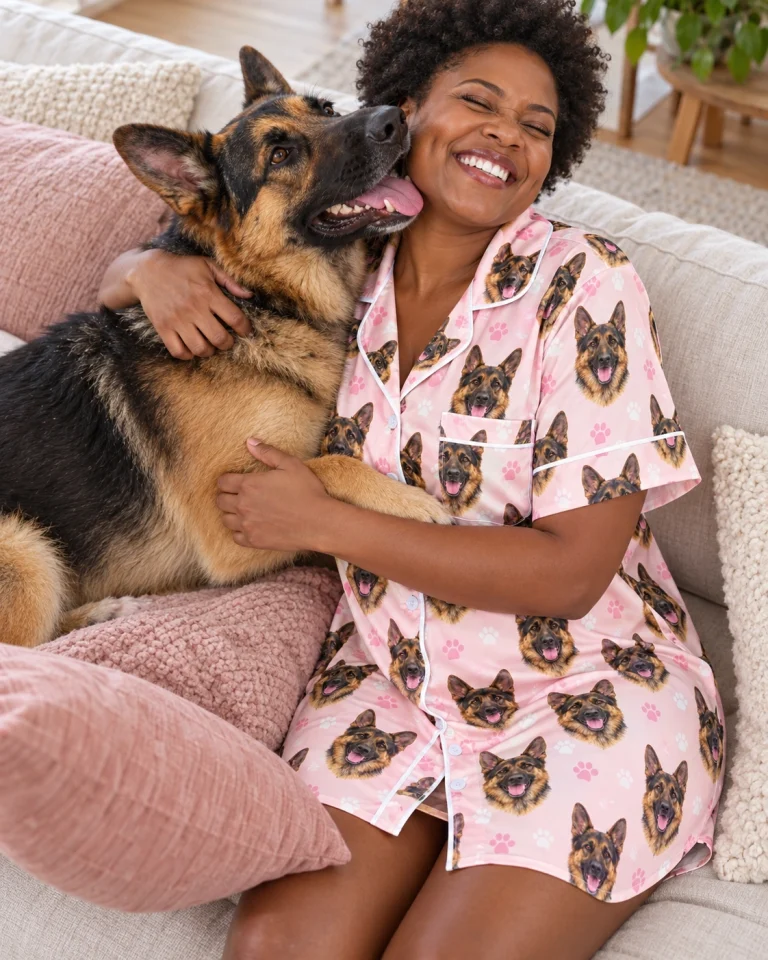 Woman in a German shepherd nightgown with her German Shepherd — MyDogPics