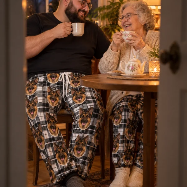 Man and his partner in matching German shepherd pajama pants with black-and-tan German Shepherd faces — MyDogPics