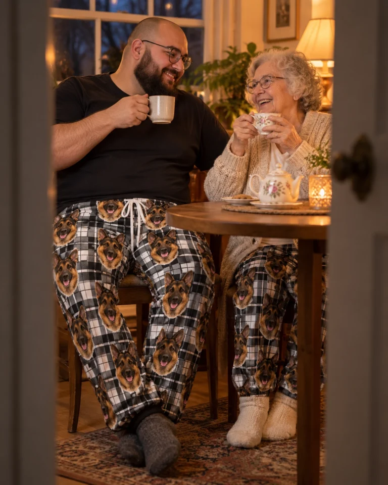 Man and his partner in matching German shepherd pajama pants with black-and-tan German Shepherd faces — MyDogPics