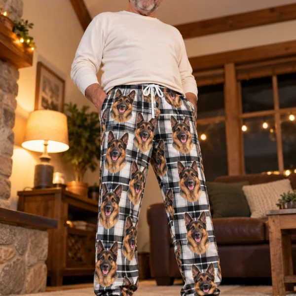 Man wearing German shepherd pajama pants covered in black-and-tan German Shepherd faces on white plaid fabric — MyDogPics