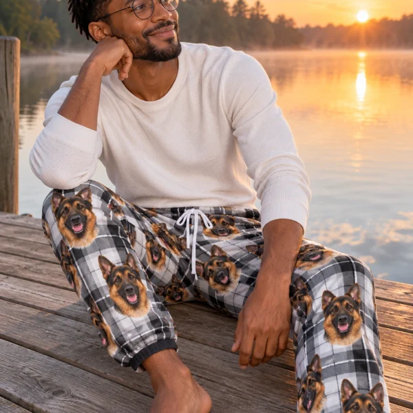 Man sitting in German shepherd pajama pants covered in black-and-tan German Shepherd faces — MyDogPics