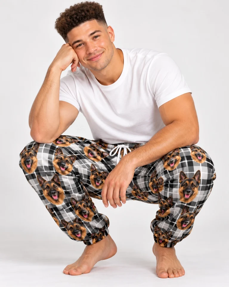 Man sitting in German shepherd pajama pants covered in black-and-tan German Shepherd faces — MyDogPics