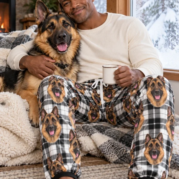Man in German shepherd pajama pants with his German Shepherd — MyDogPics