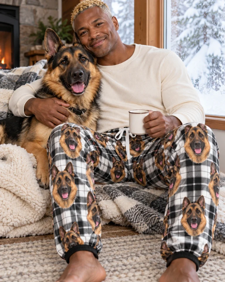Man in German shepherd pajama pants with his German Shepherd — MyDogPics